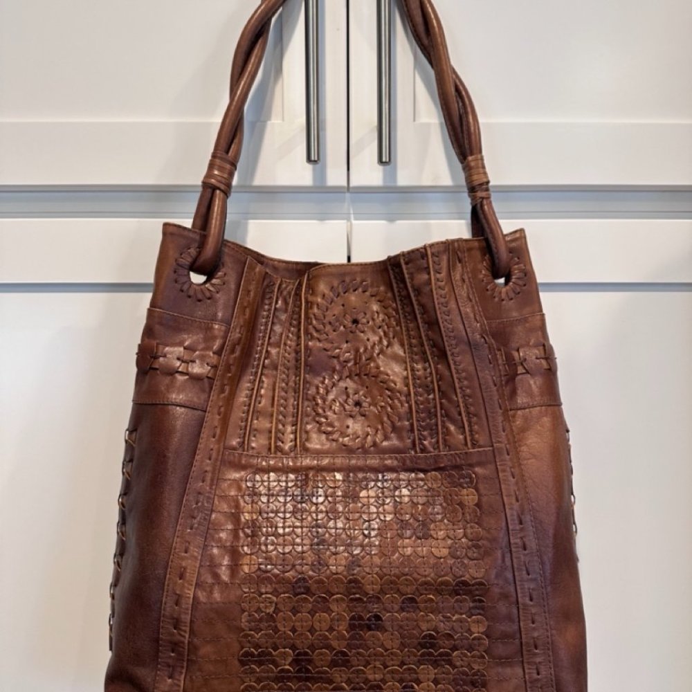 Jack Rogers Brown Leather Boho Handbag with Whipstitch Rondelle